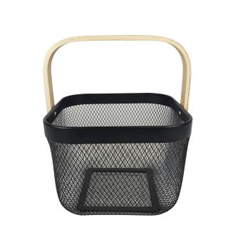 Preview: Aufbewahrungskorb Metall mit Holzgriff in schwarz 26x26x18cm